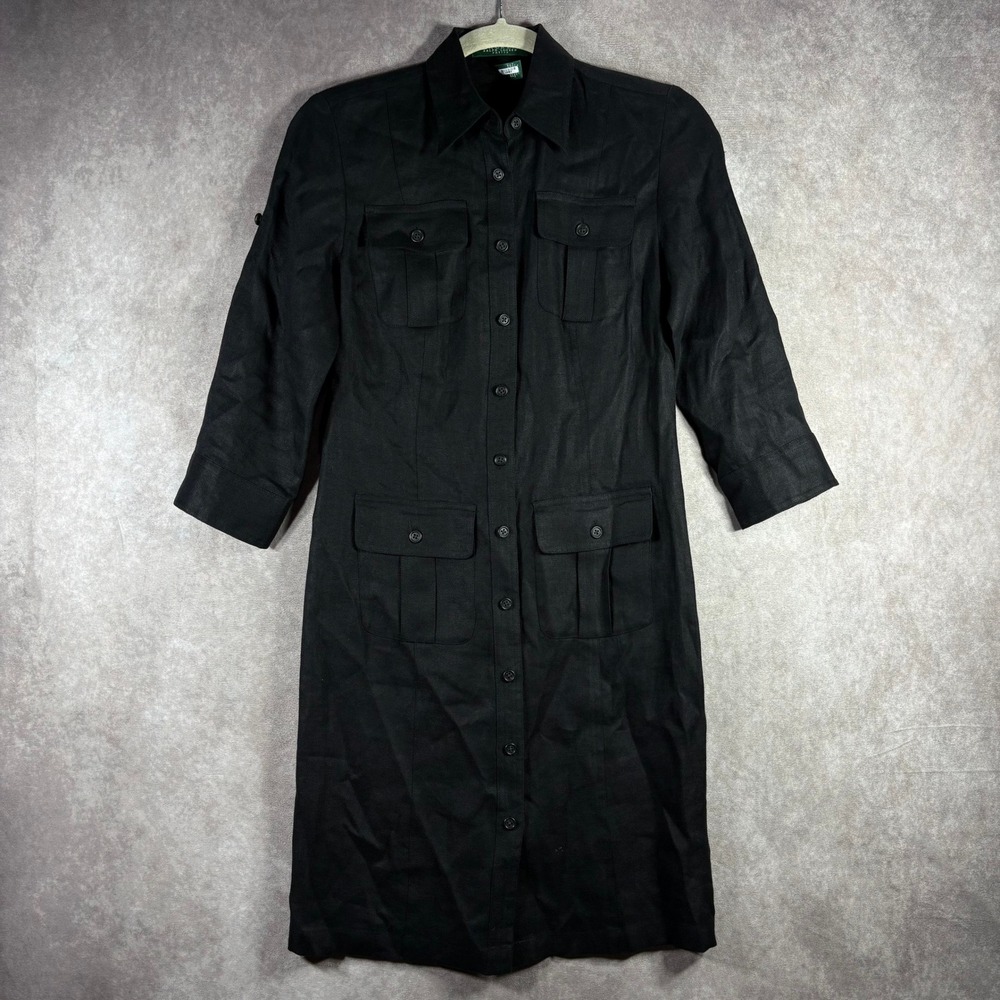 Lauren Ralph Lauren Dress Womens Size 2P Black Linen Safari Shirt Dress Utility